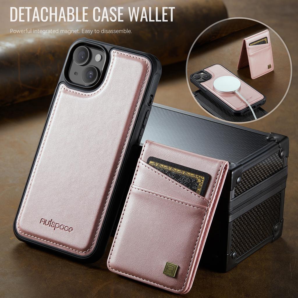For iPhone 15 Plus Case AUTSPACE A12 Leather Phone Case with Detachable Card Bag