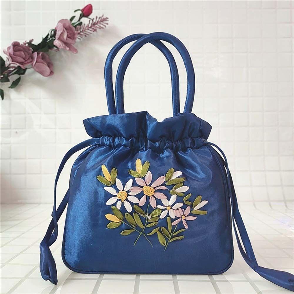 Ethnic Style Embroidery Flower Handbag Satin Silk Small Purse Wallet Hanfu Drawstrings Bag Daily