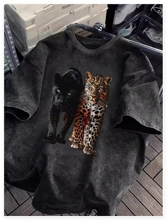

Vintage Washed Tshirt with Red Boots Sunglasses Gold Leopard Print WomenS Clothing Summer and Spring RoundNeck Casual Tops S