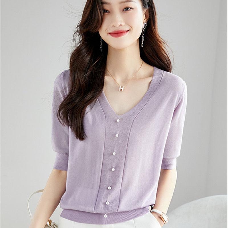 Summer Knitted Sweater Women Half Sleeve V-Neck Knitted Top Thin Loose Pearl Knitted T-shirt