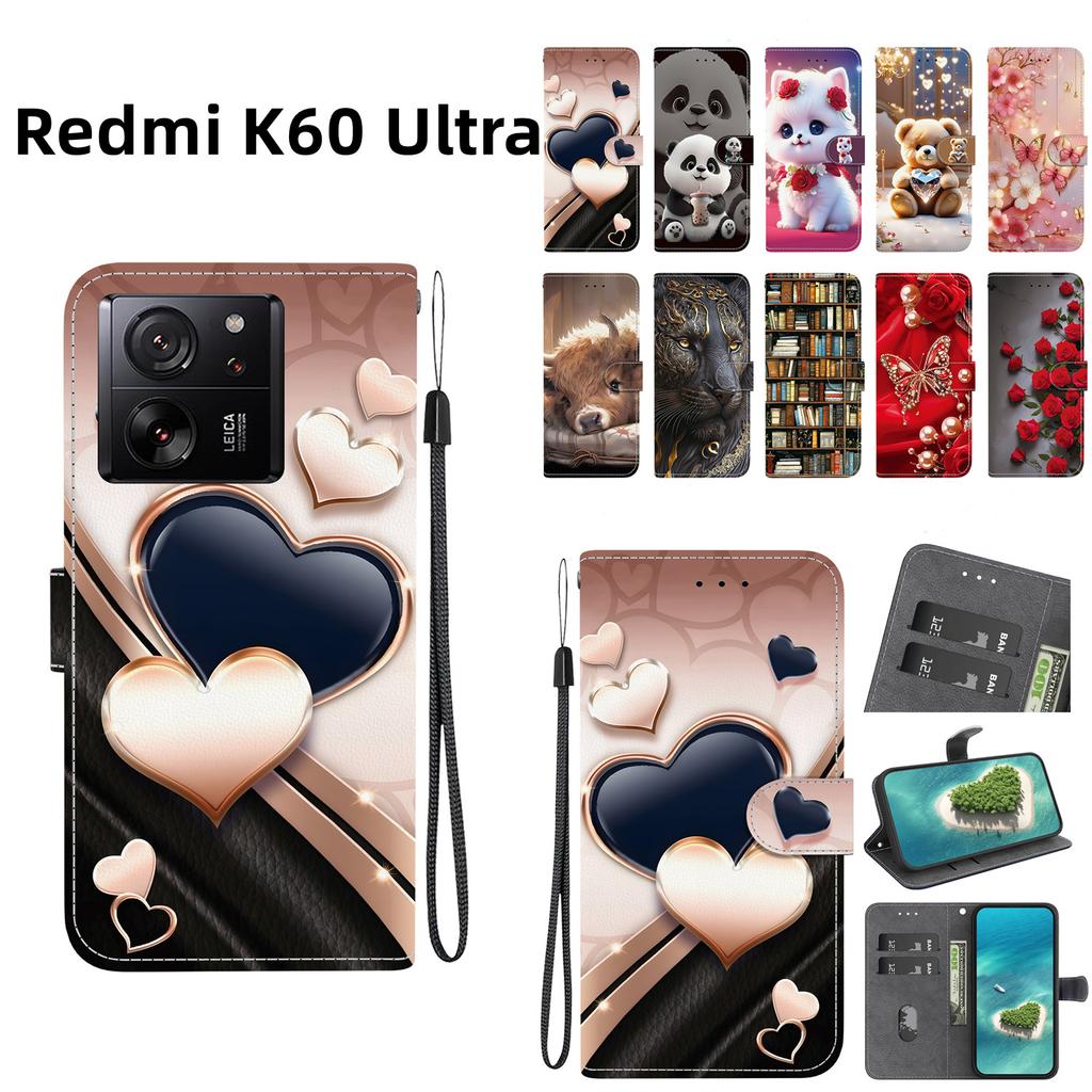 Handgefertigte PU-Leder-Klapphülle für Xiaomi Redmi K60 Ultra Rutschfeste Stoßfeste Hülle mit Handschlaufe & Herz-/Rosen-Katzen-Designs