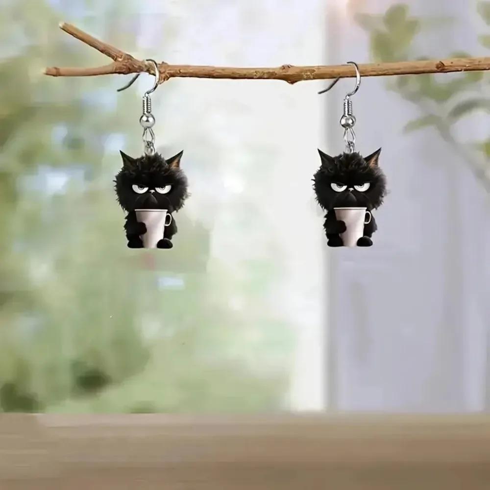 2D Flat Angry Black Cat Women Acrylic Earrings Fashion Cute Small Animals Unique Earrings for Girls Accessories Personality Gift