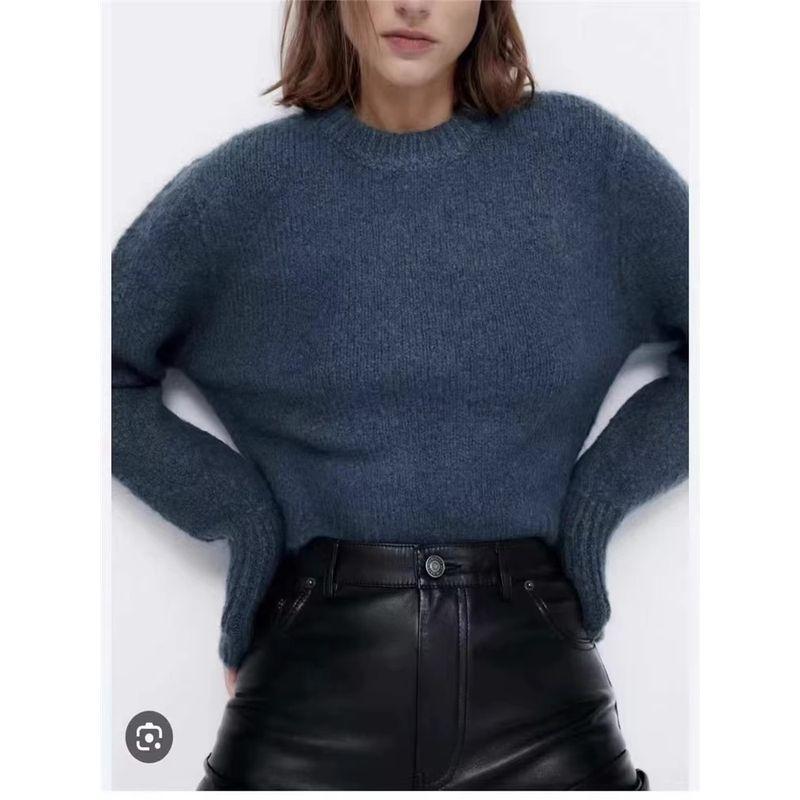

Export Single Za 2024 Winter New Arrival Long Sleeves round Neck All-Matching Short Pullover Crop Top Fashion Knit Top Women Gray Blue XL