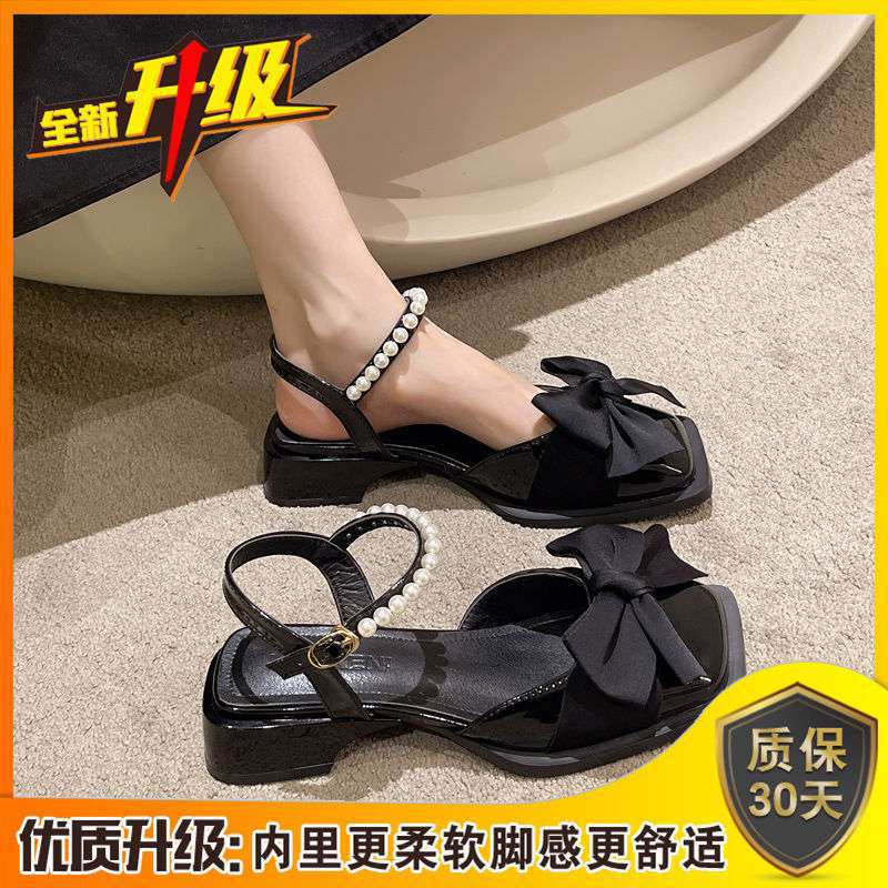 Summer Sandals Women's Summer 2025 New Thick Heel Bow Summer Low Heel Bag Head Small Leather Shoes Summer with Skirt