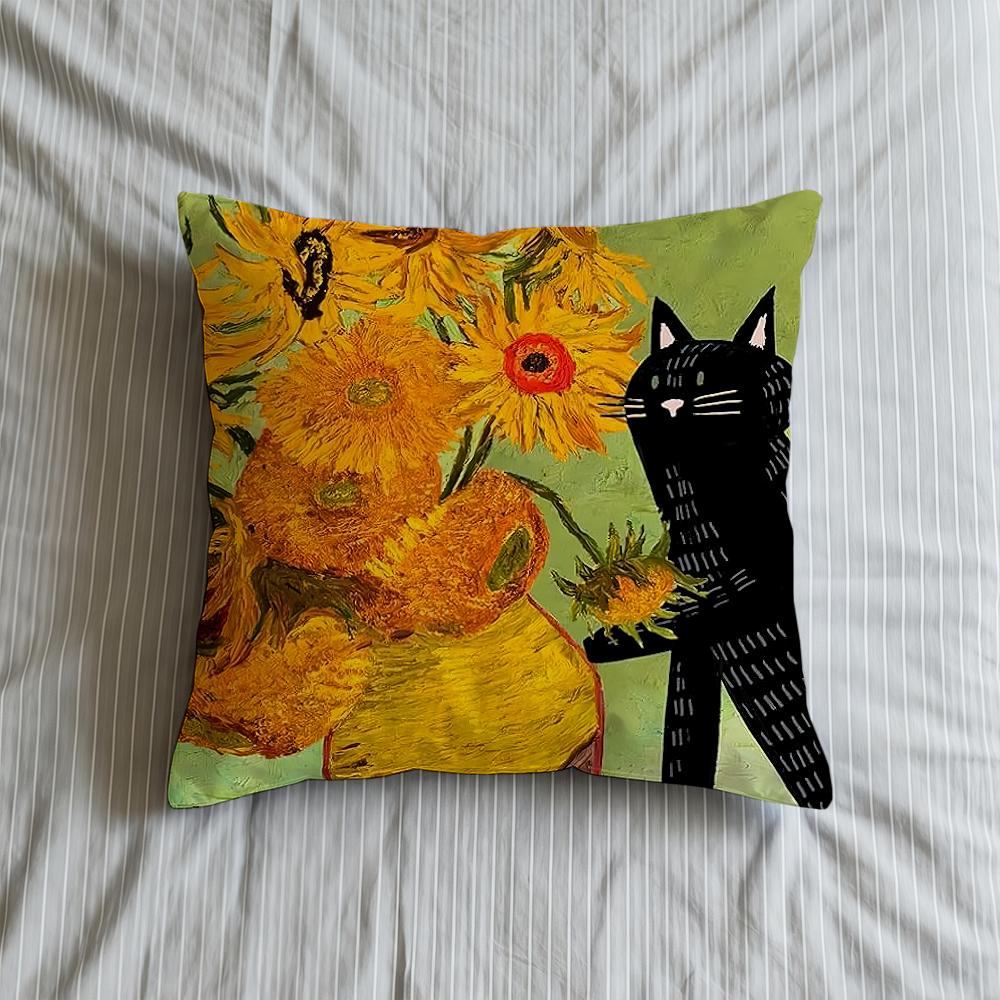 Cushion Cover Art Cat Soft Case For Sofa Living Room Sunflower Home Comfortable Office Decor Protective And Pillow Covers