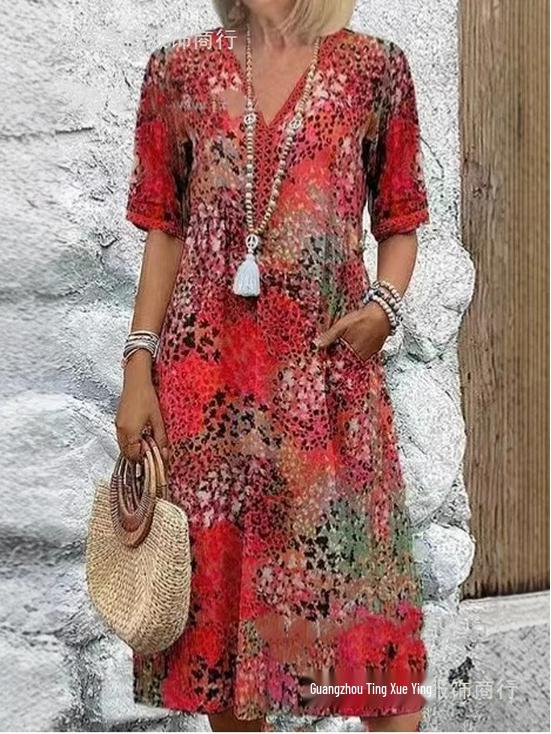Nuevo Vestido Estampado con Escote en V y Ribete de Encaje Estilo Europeo y Americano