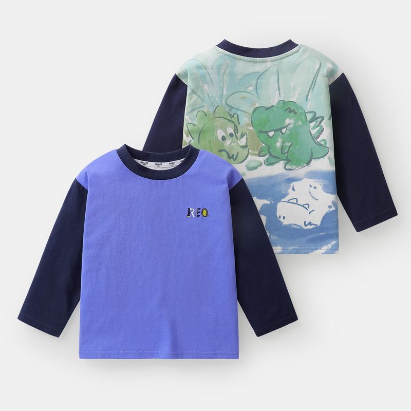 European Boys  Mountain-Style Cartoon Print Antibacterial Patchwork Sleeve T-Shirt 2026 Spring and Autumn New Children s Clothing Baby Long-Sleeve Periwinkle Blue 90