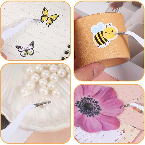 9 Pieces White Precision Tweezer with Protective Cover, Curved Pointed Craft Tweezers Stainless Steel Multipurpose Tweezer for Scrapbooking Stickers