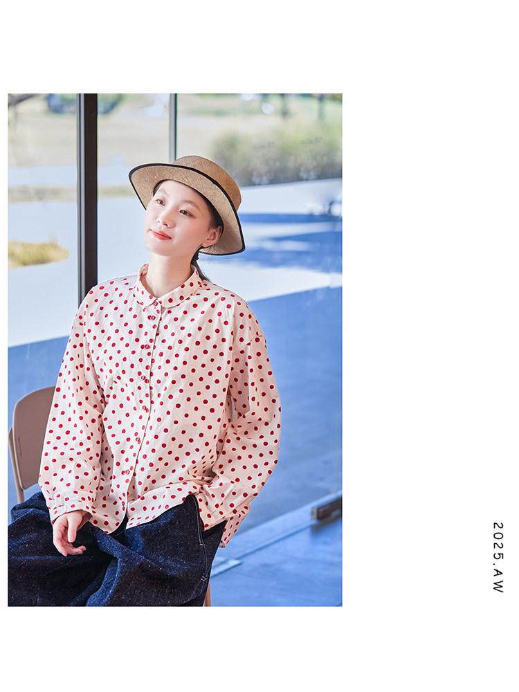 Spring Retro Beige & Red Polka Dot Cotton Casual Loose Shirt