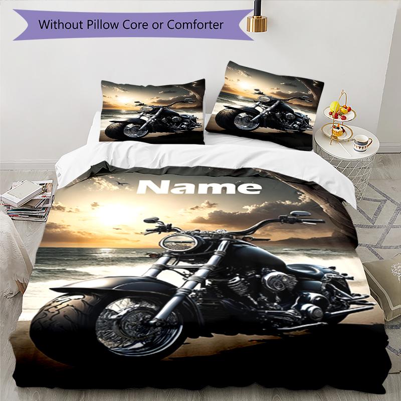 3pcs Custom Name Motorcycle Bedding Set Duvet Cover Closure Includes 1 Duvet Cover & 2 Pillowcases, Soft and Comfortable for All Seasons.