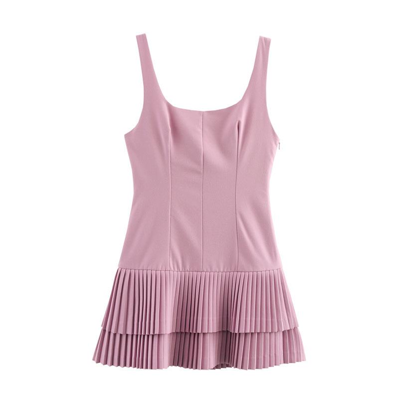 Damen ärmelloser gefalteter Jumpsuit-Kleid U-Ausschnitt breite Falte geschichtet Minikleid