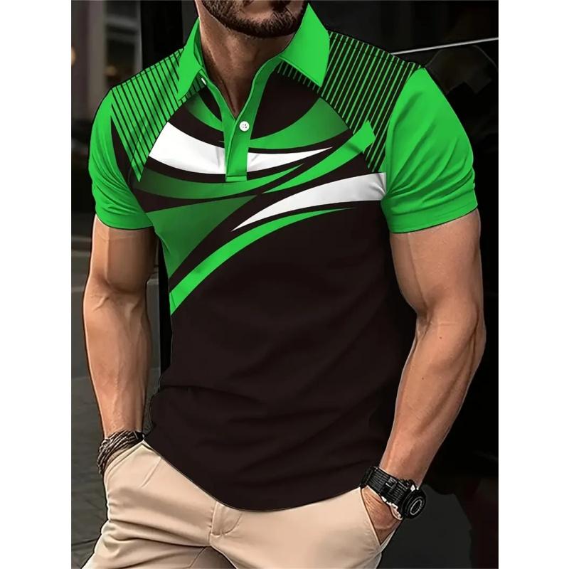 3D Printed Color Striped Men's Polo Shirt