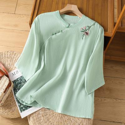 2025 Spring and Summer New Cotton and Linen Five-quarter-sleeved Shirt Women's Heavy Industry Embroidered Stand-up Collar Diagonal Cardigan Women's