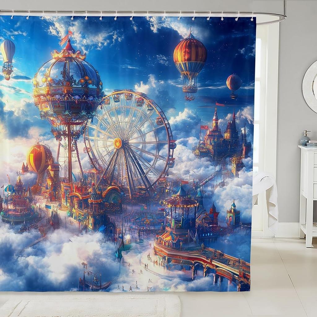 Cartoon Circus Bathroom Curtains Happy Holiday Shower Curtain Sets for Kids Boys Girls Funny Ferris Wheel Shower Curtain Funny