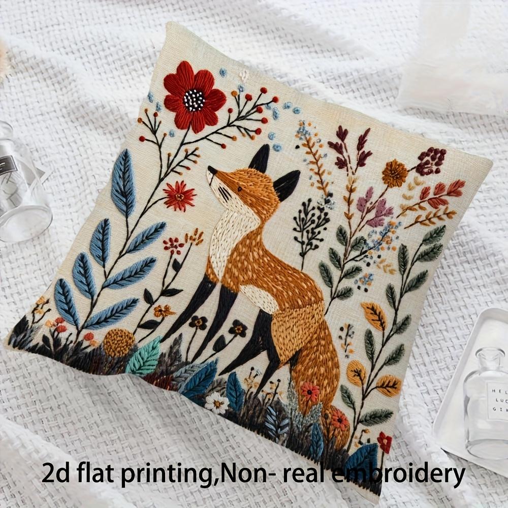 Woodland Fox Floral Pillow Cover 2D Embroidered Print Boho Wildflower Cushion Case For Sofa Bed Couch Cozy Cottage Home Decor
