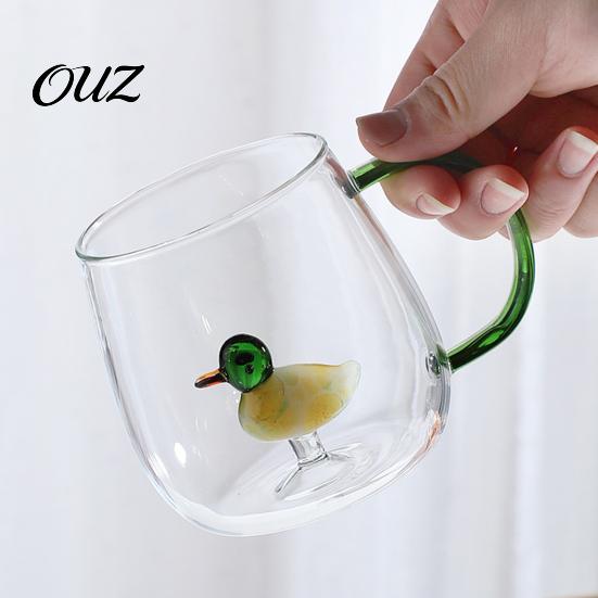 Wiederverwendbarer Glasbecher Handgefertigt Tierpflanzenform Transparent Wassertexturiert Trinkbar Niedlich Kaffee Milchgetränk mit buntem Griffbasis Becher