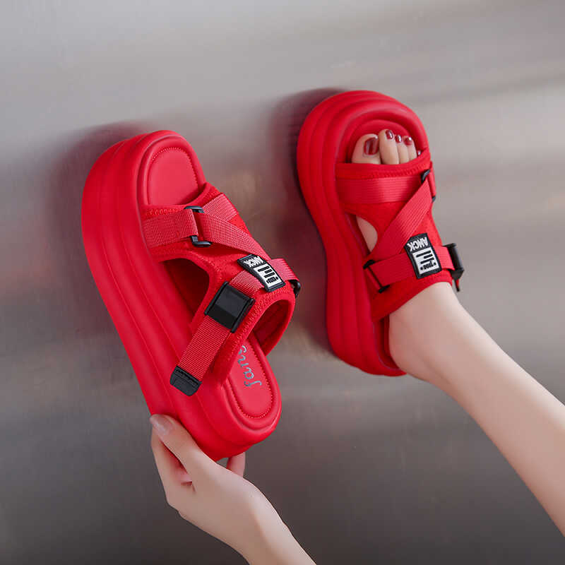 Fashion Summer Women Buckle Slippers Flip-Flops Beach Shoes Wedge Heels Slides Woman Platform Slippers Candy Colors Outside Sandals 7cm