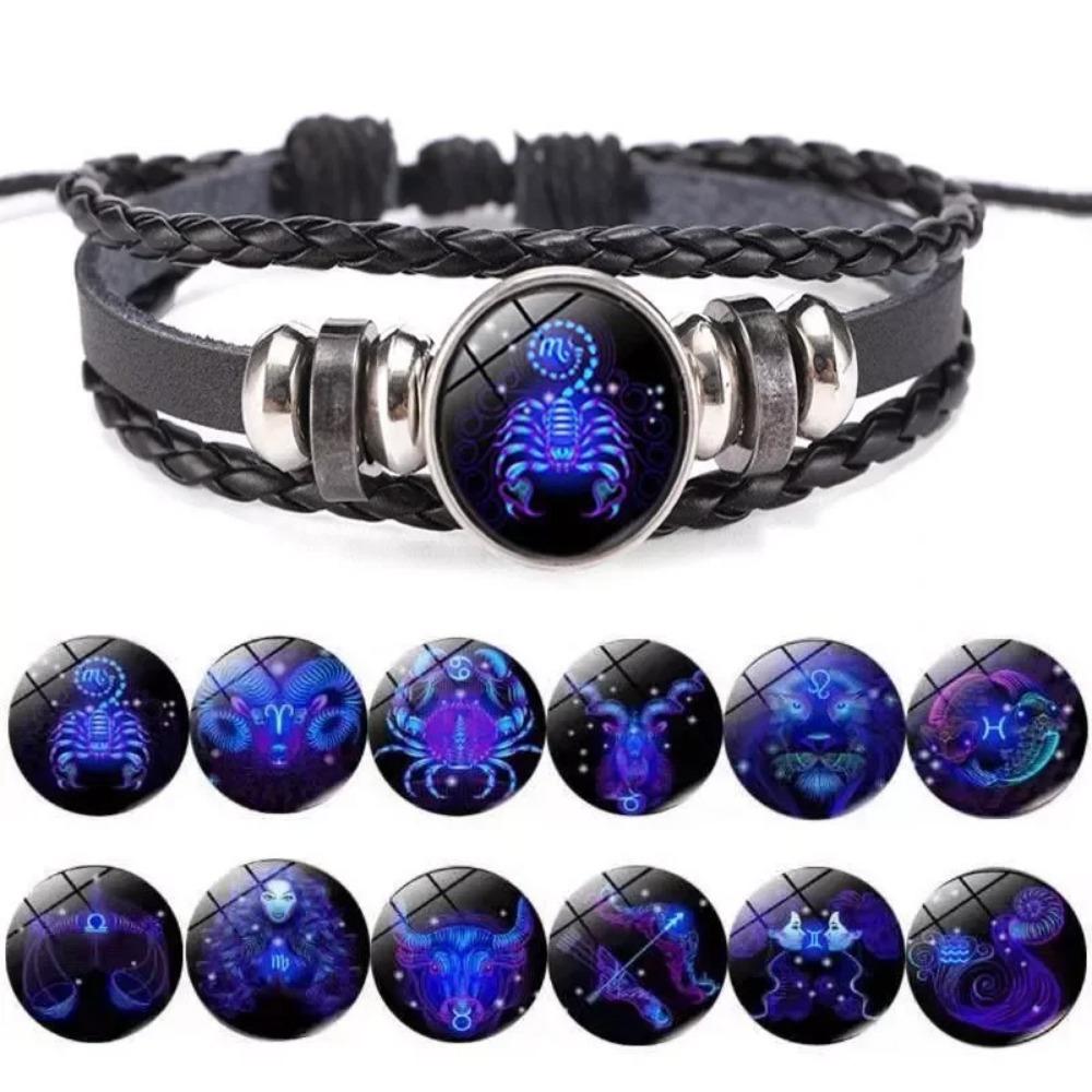 12 Constellation Zodiac Sign Charm Luminous Bracelets Men Women Vintage Multilayer Wrap Leather Bracelet Bangle Birthday Gift