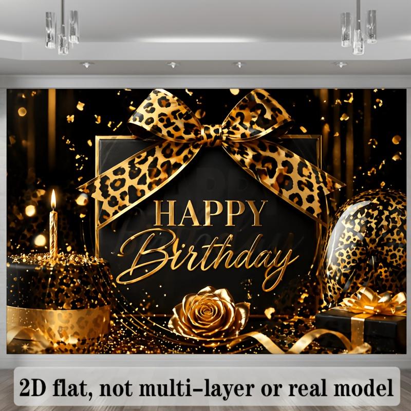 2D flat birthday party banner background black and gold leopard print happy birthday theme including leopard bow knots