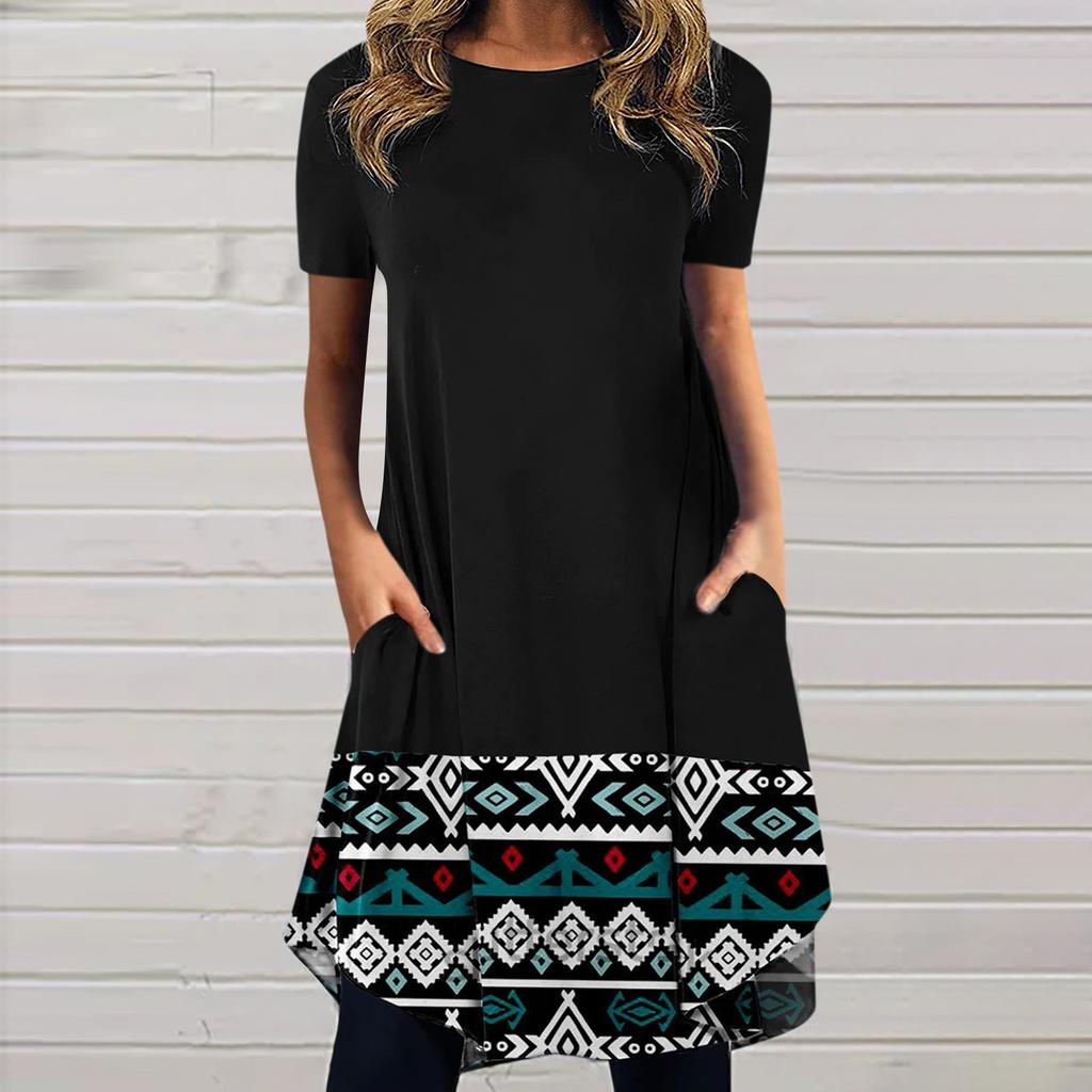 Women's Fashionable Casual Ethnic Printed Retro Round Neck Short Sleeve Dress