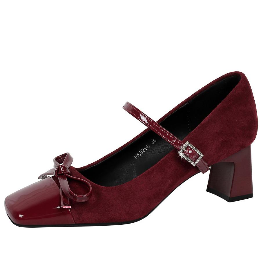 New leopard print Women Pumps bowknot Mary Jane shoes Square Suede Thick Heel Ladies shoes Rhinestone buckle Women heels 5 CM