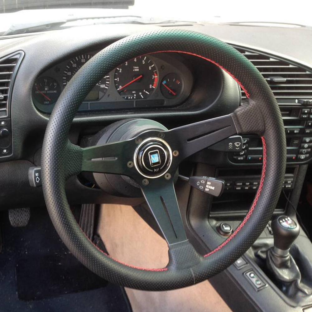 350mm 14in for NARDI Style 6 Bolt Half Dish Black Perforated Leather Racing Steering Wheel W  Horn