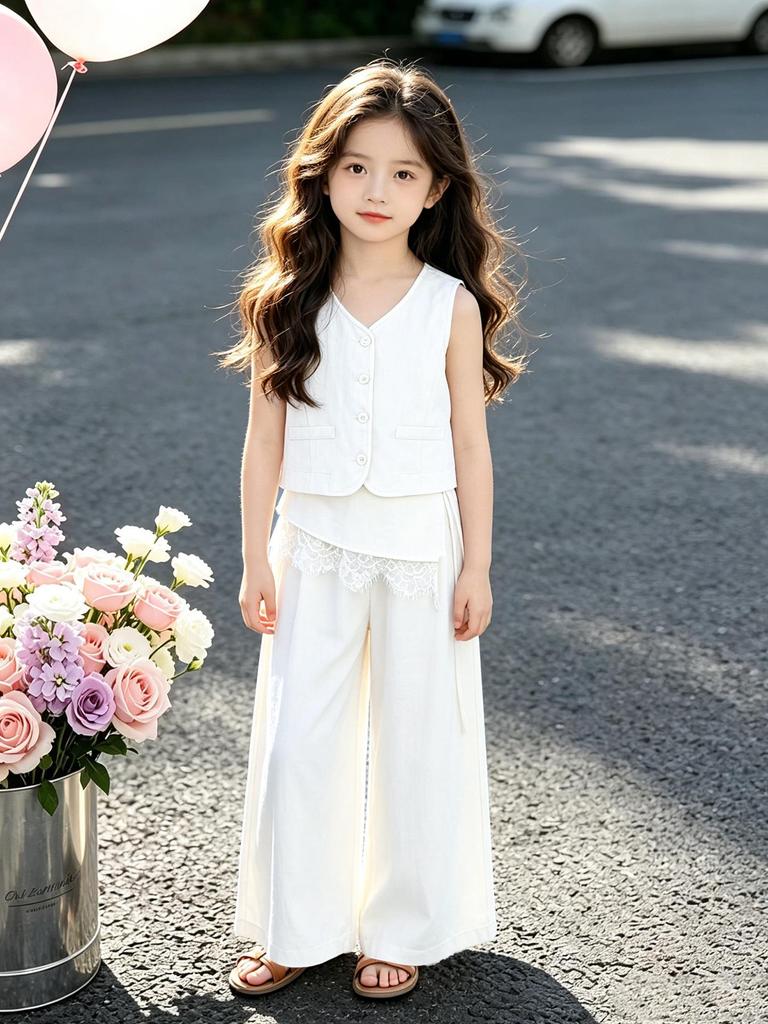 Korean Style Girls' Sleeveless Set - Summer 2026: Lace Trim Vest & Wide Leg Bloomers for Medium and Large Children