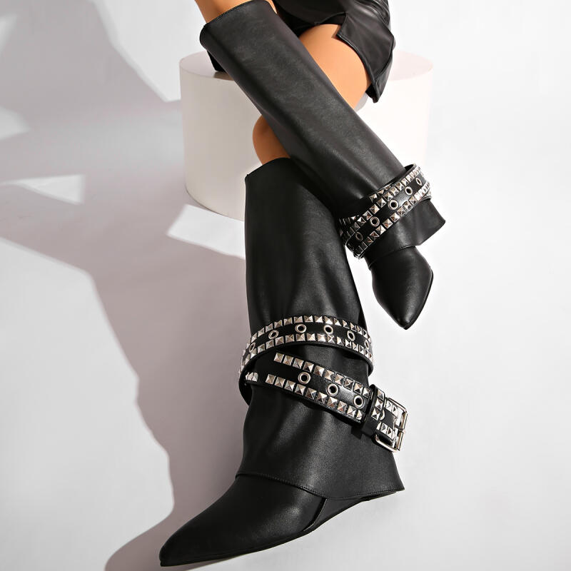 Punk Metal Belt Buckle Decoration Western Boots Women Winter Sexy Pointed Toe High Heel Knee Boots Gothic Solid Black Y2K Shoes