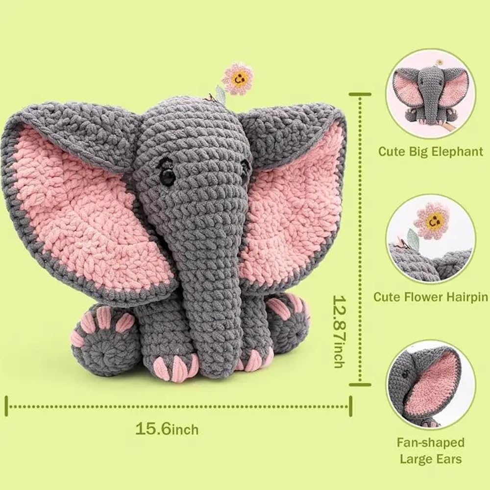 Crochet Amigurumi Kit Elephant Stuffed Animal Knitting Handmade Set Yarn Needlework Beginners Children Adults Crochet Amigurumi Needle Cotton With