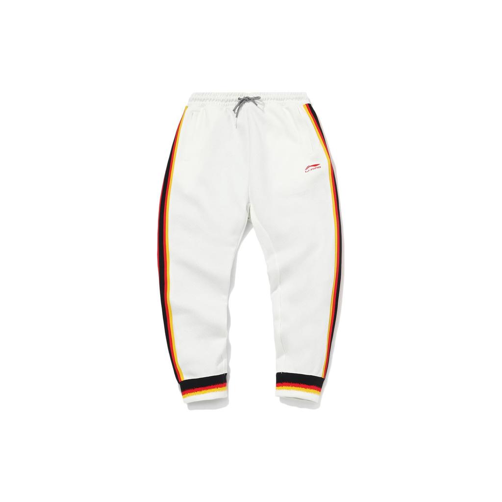 Li Ning Striped Print Logo Drawstring Cuffed Casual Pants Men Bottoms White AKLQ825-1