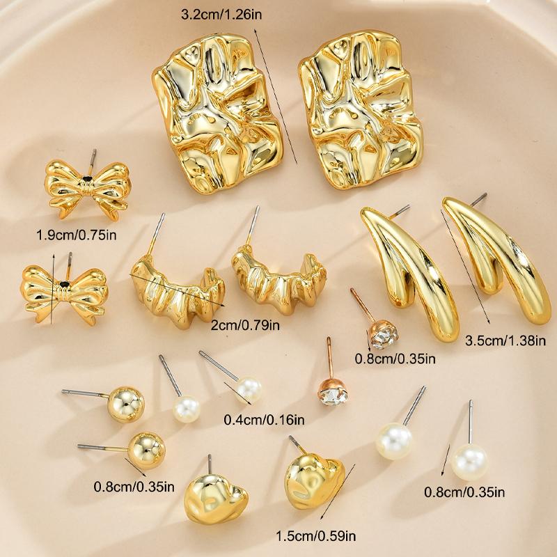 18 Pcs/Set Vintage Gold Color Metal Pearl Heart Bow Knot Earrings for Women Elegant Irregular Zircon Stud Earring Jewelry Gifts