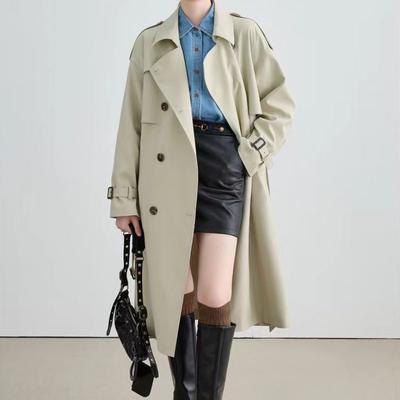 Gabardina de Mujer Mediana y Larga Primavera y Otoño Doble Botonadura Suelta y Delgada Estilo Británico Chaqueta con Cinturón