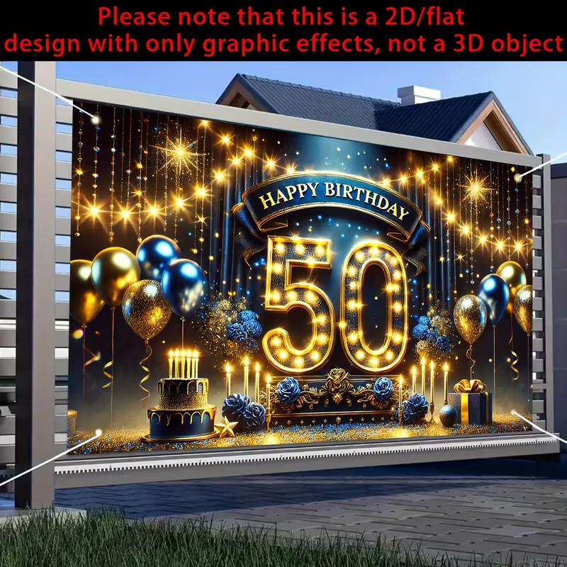

2D Blue Gold 50th Birthday Backdrop with Light-up Number and Starry Lights Party Banner 47.2x31.5inch/120*80cm