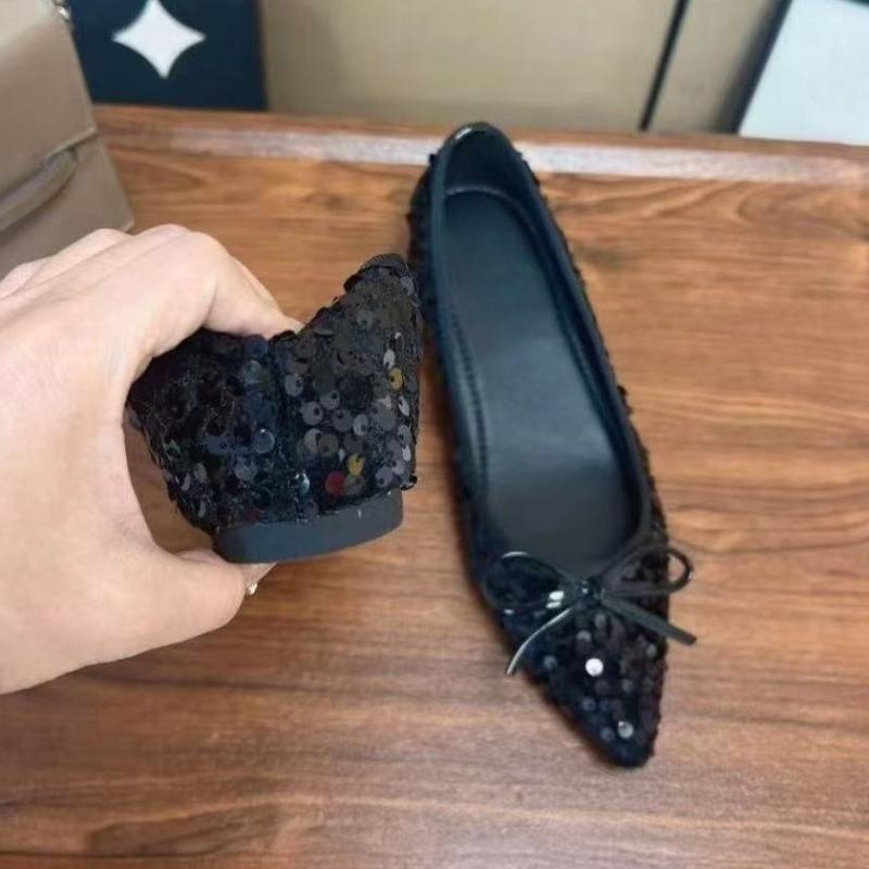 Fashion Inside Heightened Single Shoes Women's Fashion Pointed Toe Shallow Mouth Sequin Bow Soft Sole Non-Slip Wear-Resistant Flats