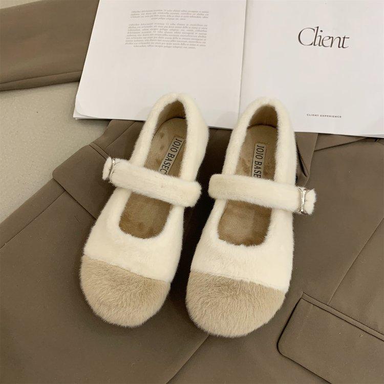 Móda Pravá Králičí Kožešina Teplé Baleríny Dámské Korejské Mokasíny s Přezkou Útulné Kulaté Špičky Zimní Plyšové Sněhule Protiskluzové Mokasíny