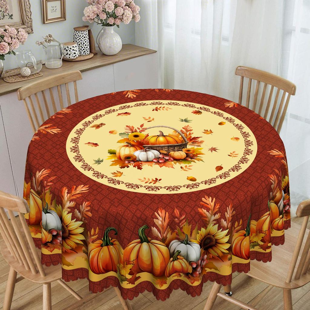 Autumn Harvest Maple Leaf And Pumpkin Tablecloth - Polyester Fabric, Round Thanksgiving Sunflower Design For Dining Tables