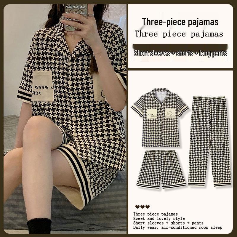 Kuromi Japanese-Style Cotton Pajamas: Women's Summer Lapel Sweet Cardigan Homewear Three-Piece Set