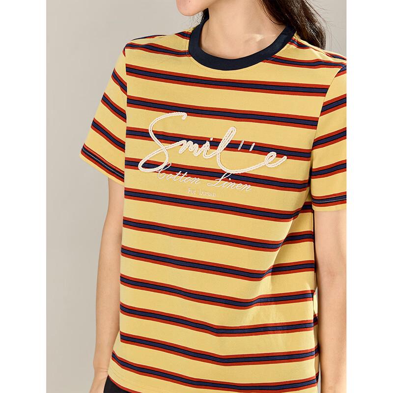 INMAN Women's Embroidered Striped Round Neck T-Shirt