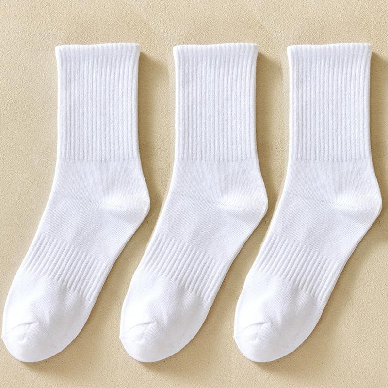 Soild Cotton Sports Socks Mid Calf Black White Stockings Soft Breathable Athletic Socks Soft Comfortable Solid Hosiery