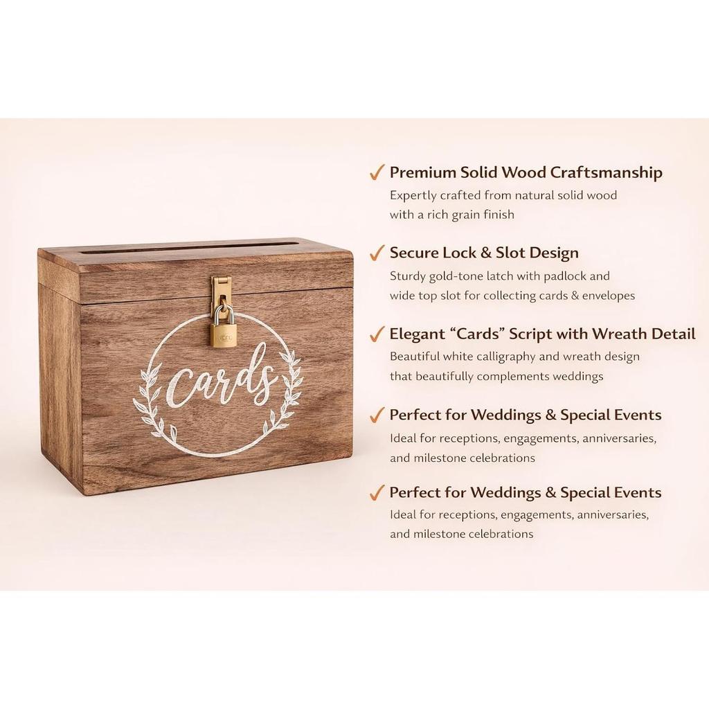 Wedding Card Box with Card Slit and Lock 12"X10"X4.5"- Card Box for Weddings, Receptions, Baby Showers, Honeymoon Funds WBKH (Burnt)
