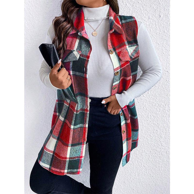 Plus Size Plaid Sleeveless Waistcoat Autumn and Winter Fashion Loose Women's Tweed Jacket