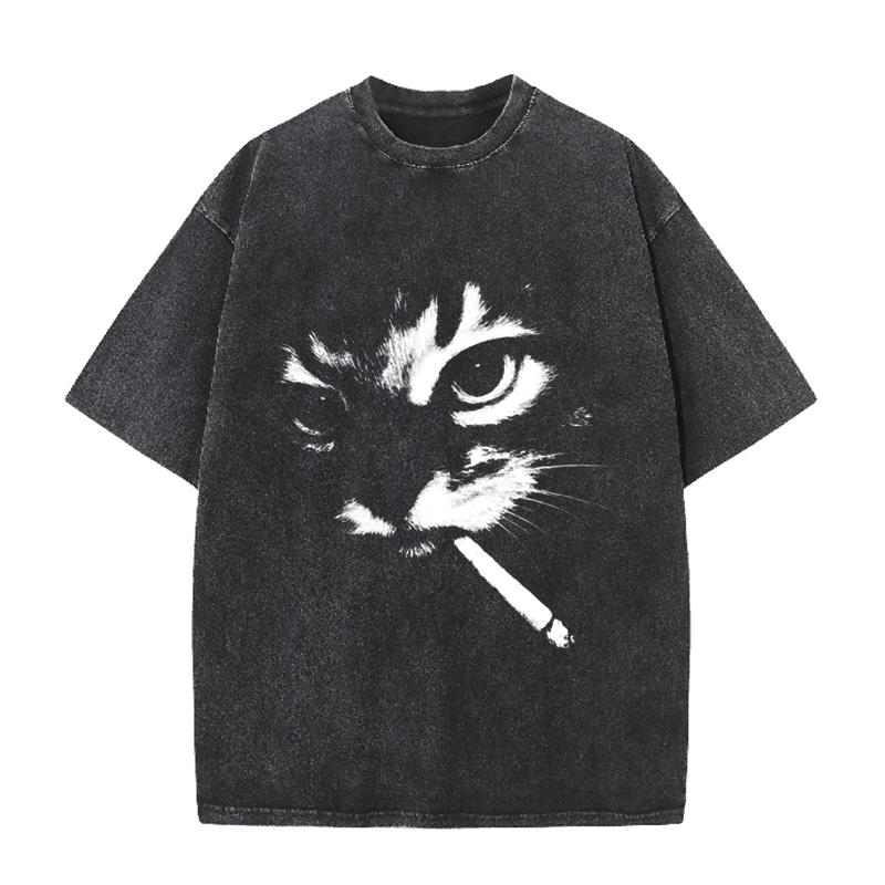 T-shirt Grafica Gatto Fumatore Retrò Unisex Oversize Cotone Lavato Streetwear Top