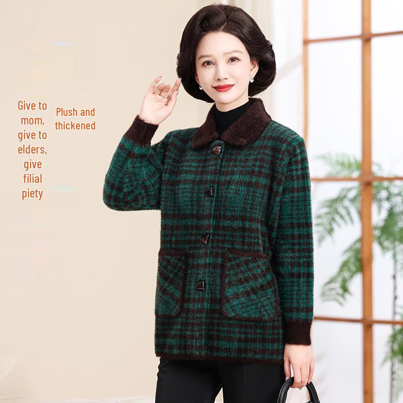 Knitwear for Middle-aged and Elderly Women: Spring and Autumn Cardigan and Faux Mink Velvet Lapel Coat