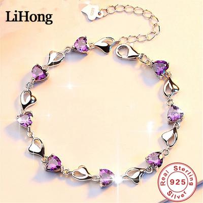 Luxury S925 Silver Love Bracelet Purple Blue Zircon Crystal for Women Party Engagement Jewelry Gift