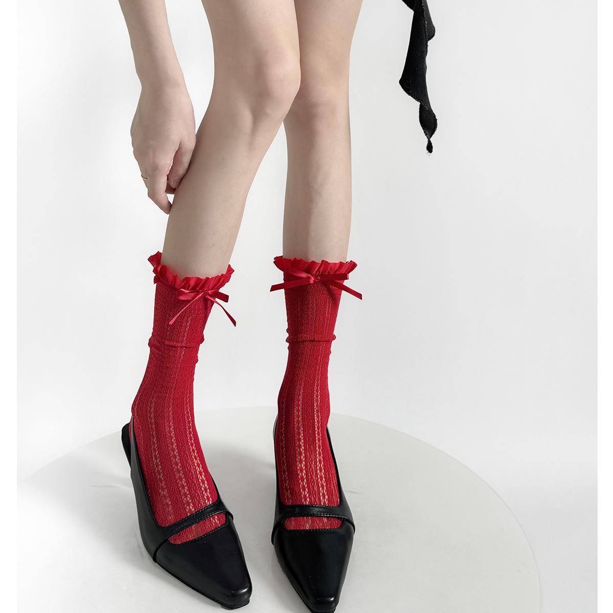 

Spring Summer Women Socks Japanese Retro Thin Hollow Out Vertical Pattern Middle Tube Socks Jk Lace Ruffle Sweet Bow Calf Socks 35-39