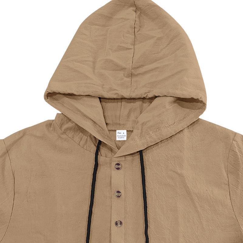 Men's Casual Linen Breathable Hooded Henley Shirt and Shorts Set
