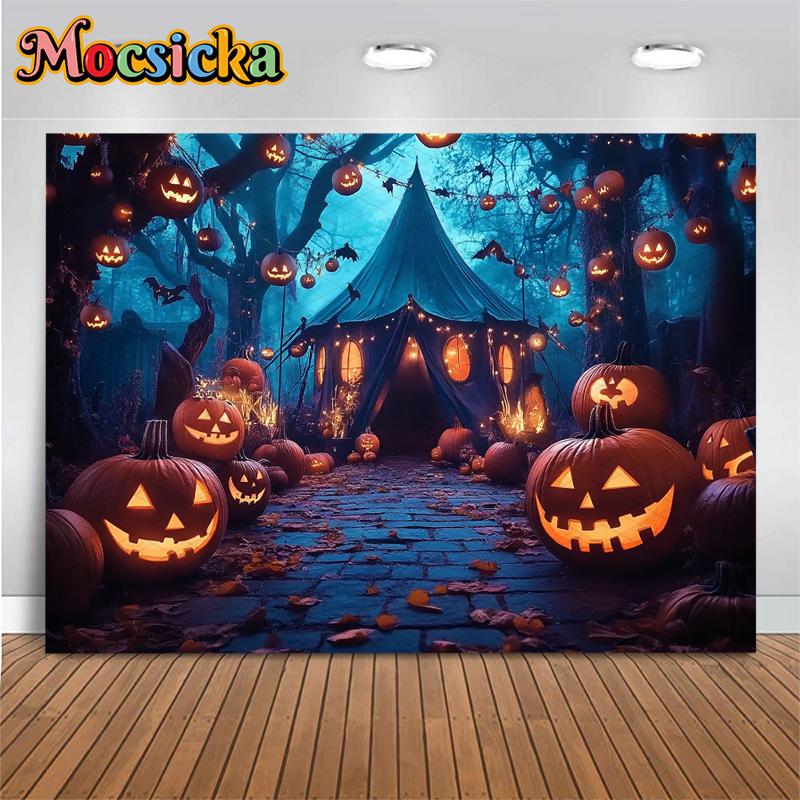 Mocsicka Halloween Photo Backgrounds Shooting Props Terror Forest Tree Tent Bat Jack-O-Lanterns Party Decor Photography Backdrop