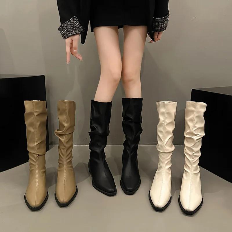 Fashion Spring and Autumn New Thick Heel Fold Pile Long Knight Boots Pointed Low Heels Casual Elegant Temperament Sleeve Slim Boots