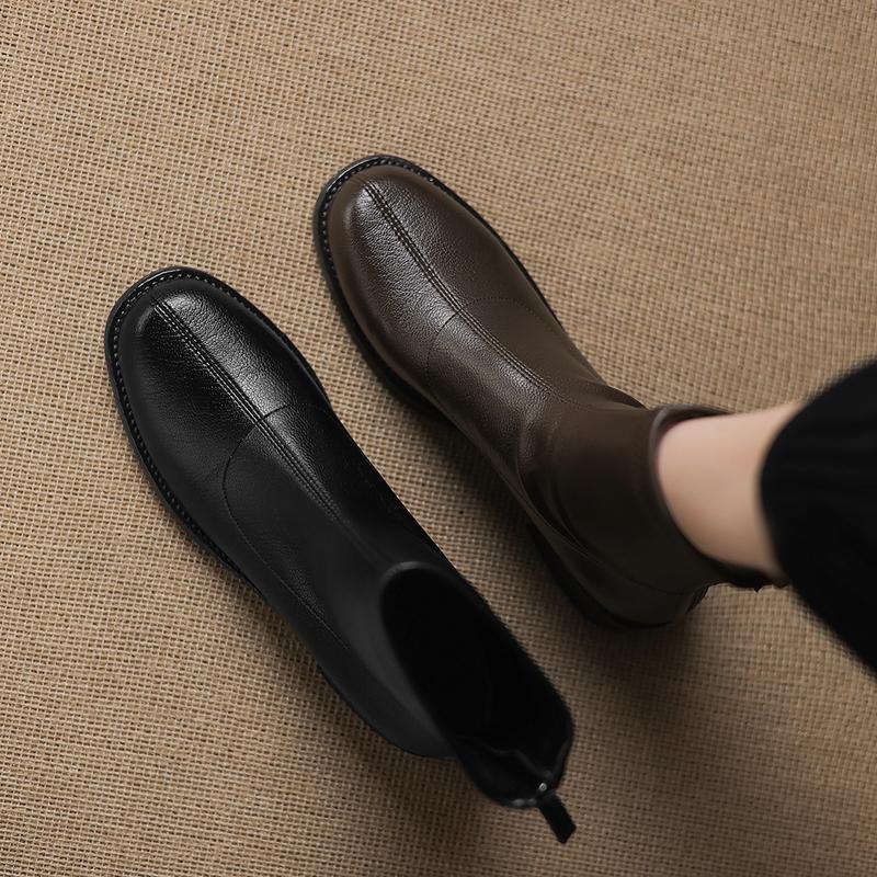 Fashion Women's New Leather Round Toe Autumn and Winter Mid Heel and Calf Back Zipper Retro Comfortable Elastic Short Boots
