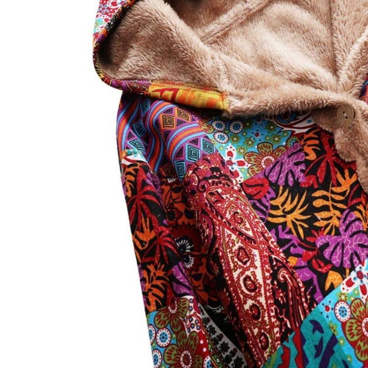 Vintage Women Wind Coat Winter Warm Plush Hooded Cotton Linen Printed Medium Length Coat